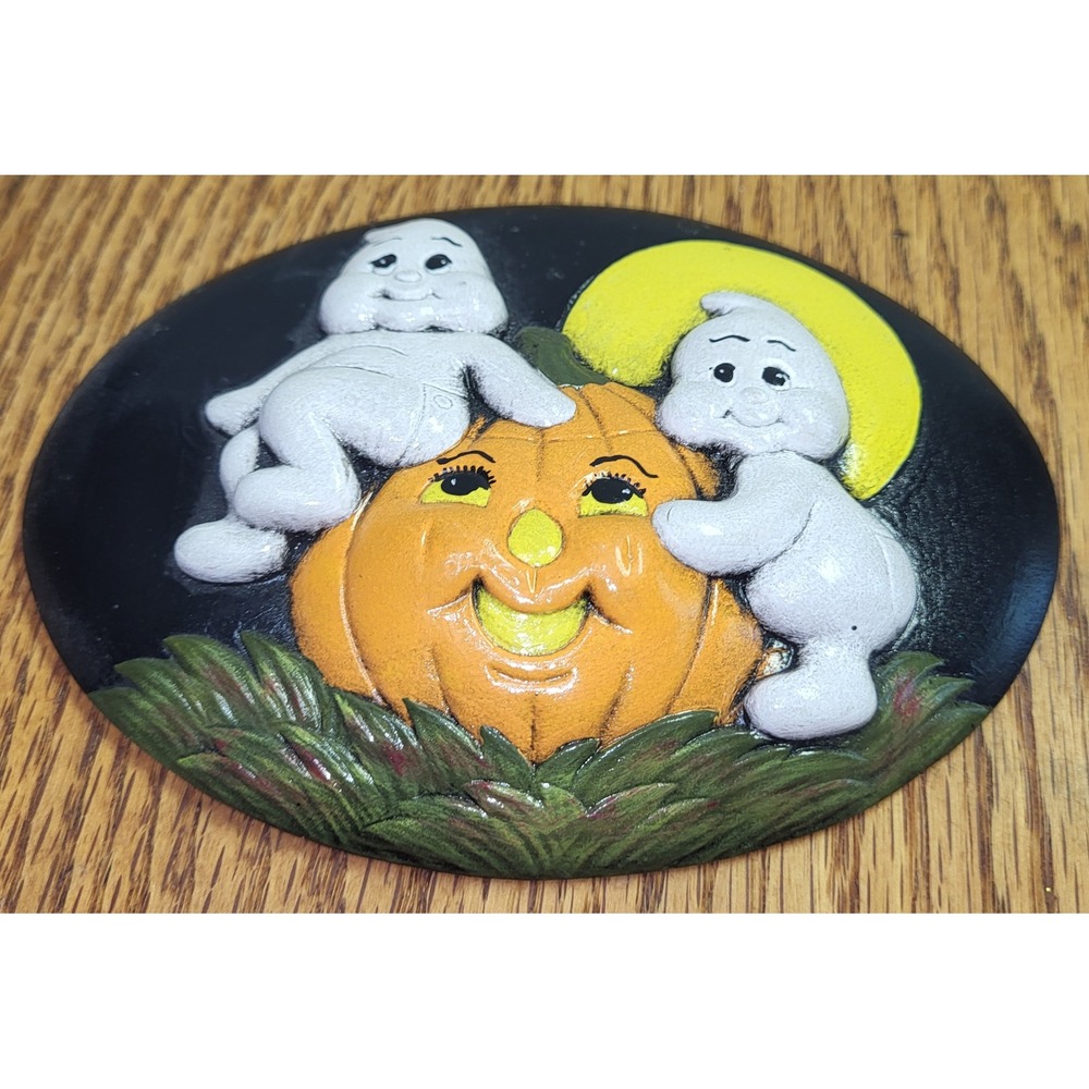 Handpainted Vtg Halloween Wall Decor Ghosts Pumpkin Jack-O-Lantern 3D Oval